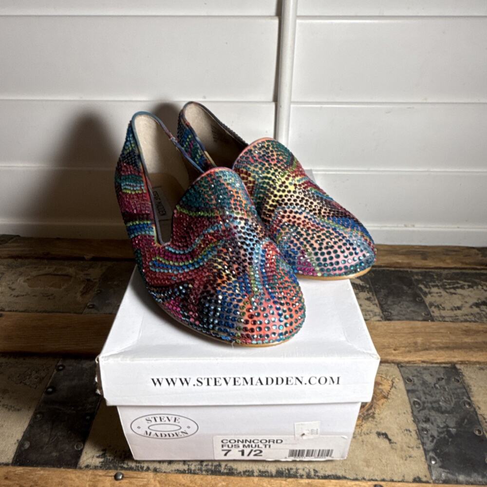 Steve Madden Multicolor Rhinestone Textile Slip On Flat Loafers Women's 7.5